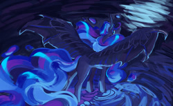 Size: 1280x788 | Tagged: safe, artist:yuyusunshine, princess luna, alicorn, pony, g4, blue mane, blue tail, colored pupils, commission, concave belly, digital art, eyeshadow, female, flowing mane, flowing tail, horn, hybrid wings, lidded eyes, looking at you, makeup, mare, slender, solo, spread wings, tail, thin, water, wings