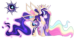Size: 3629x1920 | Tagged: safe, artist:gihhbloonde, oc, oc only, alicorn, pony, colored wings, colored wingtips, crown, disembodied tail, ethereal mane, ethereal tail, eyeshadow, female, folded wings, fusion, fusion:princess cadance, fusion:princess celestia, fusion:princess luna, fusion:twilight sparkle, hoof shoes, jewelry, long mane, long tail, looking at you, makeup, mare, multicolored wings, peytral, purple eyes, raised hoof, regalia, simple background, smiling, solo, sparkly mane, sparkly tail, standing, tail, transparent background, wings