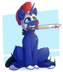 Size: 2357x2705 | Tagged: safe, artist:witchtaunter, oc, oc only, oc:night reader, pony, unicorn, fanfic:the centurion project, blood, chest fluff, helmet, high res, implied violence, male, mouth hold, simple background, sitting, smiling, solo, sword, weapon