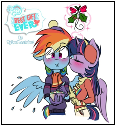 Size: 810x882 | Tagged: safe, artist:tylerdashart, rainbow dash, twilight sparkle, alicorn, pegasus, anthro, g4, my little pony best gift ever, blushing, bow, cheek kiss, clothes, cute, earmuffs, eye clipping through hair, eyebrows, eyebrows visible through hair, feather, female, floppy ears, food, kissing, lesbian, magic, mistleholly, pudding, scarf, scene interpretation, ship:twidash, shipping, signature, simple background, smooch, spread wings, surprised, twilight sparkle (alicorn), white background, wingboner, wings, winter outfit