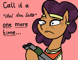 Size: 2048x1563 | Tagged: safe, artist:ewoudcponies, saffron masala, pony, unicorn, g4, angry, berserk button, chai tea, female, gun, india, indian, indian pony, pink background, saffron masala is not amused, shotgun, simple background, solo, this will end in death, this will end in shooting, this will end in tears, this will end in tears and/or death, unamused, weapon