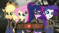 Size: 1920x1080 | Tagged: safe, artist:edy_january, applejack, fluttershy, rarity, sci-twi, twilight sparkle, human, equestria girls, g4, applejack's hat, cabin, call of duty, call of duty zombies, cowboy hat, forest, girls und panzer, glasses, hat, japanese, link in description, parody, saunders, shi no numa, swamp, vector used, zombie apocalypse