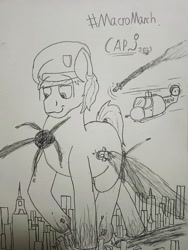 Size: 3456x4608 | Tagged: safe, artist:cap_watching, oc, earth pony, pony, beret, city, earth pony oc, giant pony, hat, helicopter, macro, missile, pencil drawing, stomping, traditional art