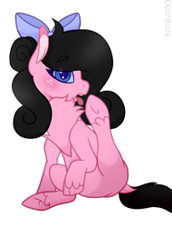Size: 1440x1899 | Tagged: safe, artist:thatonefluffs, oc, oc only, oc:moonlight, earth pony, pony, behaving like a cat, blushing, bow, caught, freckles, hair bow, licking, looking at you, shading, simple background, solo, tongue out, transparent background, unshorn fetlocks
