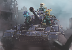 Size: 4000x2800 | Tagged: safe, artist:richmay, oc, oc only, griffon, pony, unicorn, griffon oc, gun, panzer, panzer iv, ruins, submachinegun, tank (vehicle), tommy gun, weapon, world war ii