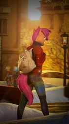 Size: 2160x3840 | Tagged: safe, alternate version, artist:retro0range, applejack, rainbow dash, scootaloo, earth pony, pegasus, anthro, g4, 3d, backpack, building, car, city, clothes, high res, snow, solo, source filmmaker, vehicle, winter, winter outfit