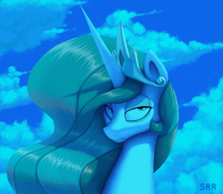 Size: 3513x3066 | Tagged: safe, artist:suhar, princess celestia, alicorn, pony, g4, bust, cloud, crown, female, frown, high res, horn, jewelry, lidded eyes, mare, multicolored mane, regalia, signature, sky, solo