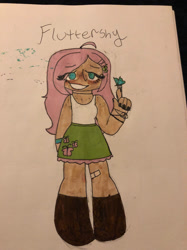 Size: 1280x1707 | Tagged: safe, artist:stardust0088, fluttershy, butterfly, human, equestria girls, g4, bandaid, boots, bracelet, eye clipping through hair, female, freckles, freckleshy, hairclip, jewelry, marker, moderate dark skin, no pupils, painted nails, shoes, solo, traditional art