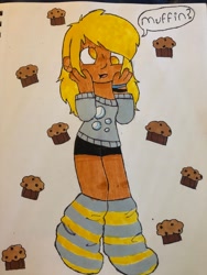 Size: 3024x4032 | Tagged: safe, artist:stardust0088, derpy hooves, human, g4, bracelet, clothes, cutie mark on clothes, female, humanized, jewelry, marker, moderate dark skin, muffin, no pupils, socks, solo, speech bubble, striped socks, sweater, that pony sure does love muffins, traditional art