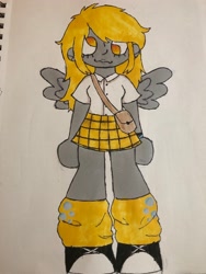 Size: 3024x4032 | Tagged: safe, artist:stardust0088, derpy hooves, human, equestria girls, g4, clothes, cutie mark on clothes, female, humanized, marker drawing, no pupils, plaid skirt, purse, skirt, solo, tennis shoe, traditional art, winged humanization, wings