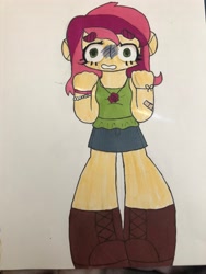 Size: 3024x4032 | Tagged: safe, artist:stardust0088, roseluck, human, equestria girls, g4, bandaid, boots, bracelet, clothes, denim, denim skirt, female, jewelry, marker, necklace, nervous, shoes, skirt, solo, traditional art