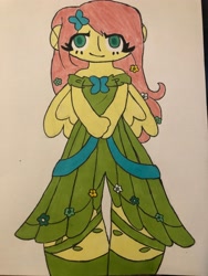 Size: 3024x4032 | Tagged: safe, artist:stardust0088, fluttershy, human, equestria girls, g4, clothes, colored pupils, dress, eye clipping through hair, female, gala dress, marker, solo, traditional art, wings