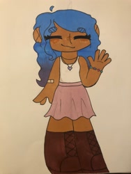 Size: 3024x4032 | Tagged: safe, artist:stardust0088, izzy moonbow, human, g5, bandaid, boots, bracelet, cowlick, eye clipping through hair, eyes closed, female, gradient hair, humanized, jewelry, marker, necklace, shoes, solo, traditional art, waving