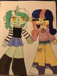 Size: 3024x4032 | Tagged: safe, artist:stardust0088, bon bon, lyra heartstrings, sweetie drops, human, equestria girls, g4, bandaid, clothes, colored pupils, eye clipping through hair, eyes closed, female, holding hands, horn, horned humanization, humanized, lesbian, ship:lyrabon, shipping, shorts, sweater, tennis shoe, traditional art