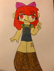 Size: 3024x4032 | Tagged: safe, artist:stardust0088, apple bloom, human, equestria girls, g4, apple bloom's bow, bandaid, bow, clothes, female, hair bow, marker, no pupils, overalls, peace sign, solo, traditional art