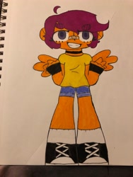 Size: 3024x4032 | Tagged: safe, artist:stardust0088, scootaloo, human, equestria girls, g4, bandaid, bandaid on nose, choker, clothes, colored pupils, cowlick, female, shirt, shorts, socks, solo, t-shirt, tennis shoe, traditional art, winged, winged human