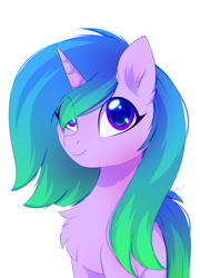Size: 1800x2500 | Tagged: safe, artist:stesha, oc, oc only, oc:fiona mahri, pony, unicorn, bust, chest fluff, commission, cute, ear fluff, eye clipping through hair, female, gradient mane, gradient tail, horn, looking at you, mare, png, purple eyes, simple background, smiling, smiling at you, solo, standing, tail, unicorn oc, white background