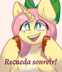 Size: 520x600 | Tagged: safe, artist:flower-black, fluttershy, pony, unicorn, comic:friendship reimagined, g4, bow, female, hair bow, open mouth, open smile, smiling, solo, spanish, trans female, trans fluttershy, transgender, translated in the comments, white pupils