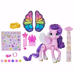 Size: 7152x7152 | Tagged: safe, pipp petals, pegasus, pony, bridlewoodstock (make your mark), g5, my little pony: make your mark, official, bridlewoodstock, butterfly wings, comb, female, hair extensions, mare, merchandise, simple background, sticker, style of the day, toy, white background, wings