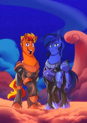 Size: 2120x3000 | Tagged: safe, artist:light262, oc, oc only, oc:fireheart(fire), oc:guard cobalt flash, pegasus, pony, commission, duo, fireheart76's latex suit design, high res, latex, latex suit, male, open mouth, open smile, prisoners of the moon, smiling