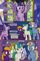 Size: 1920x2948 | Tagged: safe, artist:alexdti, twilight sparkle, oc, oc:brainstorm (alexdti), oc:purple creativity, oc:star logic, alicorn, pegasus, pony, unicorn, comic:quest for friendship retold, g4, comic, dialogue, ears back, female, folded wings, high res, hooves, horn, indoors, looking at each other, looking at someone, male, mare, open mouth, open smile, pegasus oc, pinpoint eyes, raised hoof, smiling, speech bubble, spread wings, stallion, standing, twilight sparkle (alicorn), twilight's castle, two toned mane, underhoof, unicorn oc, wings