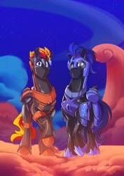 Size: 2120x3000 | Tagged: safe, alternate version, artist:light262, oc, oc only, oc:fireheart(fire), oc:guard cobalt flash, pegasus, pony, duo, fireheart76's latex suit design, high res, hood, latex, latex suit, prisoners of the moon