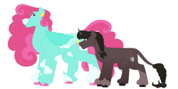 Size: 4000x2000 | Tagged: safe, artist:itstechtock, oc, oc only, oc:graveyard shift, oc:partly cloudy, pony, unicorn, duo, female, magical lesbian spawn, mare, offspring, parent:merry may, parent:sunshower raindrops, simple background, white background