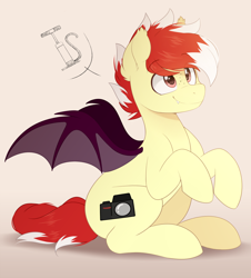 Size: 1086x1200 | Tagged: safe, artist:higglytownhero, oc, oc only, oc:aaaaaaaaaaa, bat pony, pony, eye clipping through hair, freckles, implied inflation, male, pump, sitting, smiling, solo, spread wings, stallion, wings