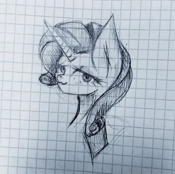 Size: 1080x1074 | Tagged: safe, artist:anastas, rarity, pony, unicorn, g4, bust, cute, female, graph paper, head only, horn, mare, monochrome, paper, photo, portrait, raribetes, simple background, sketch, solo, traditional art