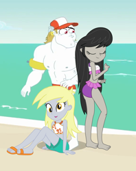 Size: 570x720 | Tagged: safe, artist:gmaplay, artist:marcorulezzz, edit, edited screencap, screencap, vector edit, bulk biceps, derpy hooves, octavia melody, human, equestria girls, equestria girls specials, g4, i'm on a yacht, my little pony equestria girls: better together, my little pony equestria girls: spring breakdown, rainbow falls, turf war, adorasexy, barefoot, bikini, bulk biceps gets all the mares, bulktavia, clothes, cropped, cute, derpabetes, derpybulktavia, ear piercing, earring, eyes closed, feet, female, jewelry, looking at you, male, male nipples, midriff, nipples, open mouth, piercing, polyamory, sandals, sexy, ship:derpybulk, shipping, simple background, sitting, sleeveless, smiling, straight, swimsuit, trio, vector, water wings