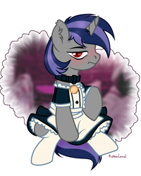 Size: 1920x2396 | Tagged: safe, artist:pritonhells, oc, oc only, oc:dreaming star, bat pony, bat pony unicorn, hybrid, pony, unicorn, base used, bat pony oc, blushing, clothes, collar, commission, crossdressing, cute, dress, fangs, femboy, horn, looking at you, maid, male, ocbetes, outfit, red eyes, show accurate, shy, simple background, socks, solo, stallion, unicorn oc, white background, ych result