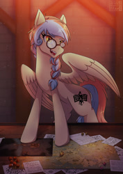 Size: 1600x2263 | Tagged: safe, artist:alicetriestodraw, oc, oc only, oc:dracey, pegasus, pony, bipedal, bipedal leaning, board game, braid, dice, dungeons and dragons, glasses, leaning, looking at you, map, open mouth, paper, pegasus oc, pen and paper rpg, rpg, single fang, solo, table, tabletop game