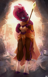 Size: 2551x4093 | Tagged: safe, artist:lummh, fizzlepop berrytwist, tempest shadow, unicorn, anthro, unguligrade anthro, g4, my little pony: the movie, belly button, breasts, broken horn, busty tempest shadow, eye scar, facial scar, female, horn, midriff, scar, solo, spear, weapon