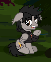 Size: 1122x1367 | Tagged: safe, artist:lightningbolt, derpibooru exclusive, pegasus, pony, undead, vampire, g4, the mean 6, .svg available, annoyed, bags under eyes, clone, clothes, ear fluff, evil clone, eyeliner, eyeshadow, fangs, floppy ears, folded wings, hoodie, jewelry, lidded eyes, makeup, male, messy mane, messy tail, mikey way, my chemical romance, necklace, open mouth, outdoors, ponified, raised hoof, scar, show accurate, sitting, solo, stallion, svg, tail, torn clothes, underhoof, vector, wings