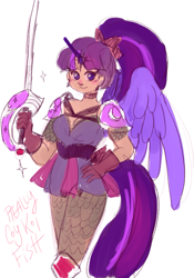 Size: 941x1341 | Tagged: safe, artist:reallycoykoifish, twilight sparkle, human, g4, alicorn humanization, alternate hairstyle, armor, belt, blushing, choker, clothes, cute, female, gloves, horn, horned humanization, humanized, knight, shirt, simple background, skirt, solo, sword, tail, tailed humanization, twiabetes, weapon, white background, winged humanization