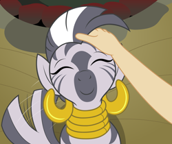Size: 2712x2283 | Tagged: safe, artist:badumsquish, derpibooru exclusive, zecora, human, pony, zebra, g4, behaving like a dog, content, cute, duo, ear piercing, earring, eyes closed, female, hand, happy, high angle, high res, human on pony petting, human on zebra petting, jewelry, mare, neck rings, offscreen character, petting, piercing, pov, show accurate, sitting, smiling, tail, tail wag, zecorable