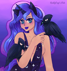 Size: 2935x3146 | Tagged: safe, artist:reallycoykoifish, princess luna, bird, human, raven (bird), g4, clothes, dress, eared humanization, eyeshadow, female, gradient background, high res, horn, horned humanization, humanized, lipstick, makeup, moderate dark skin, solo, tail, tailed humanization, tan skin