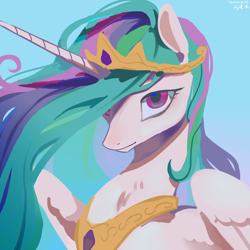 Size: 2480x2480 | Tagged: safe, artist:shiqiuzhu, princess celestia, alicorn, pony, g4, bust, female, gradient background, high res, horn, looking at you, mare, portrait, solo, wings
