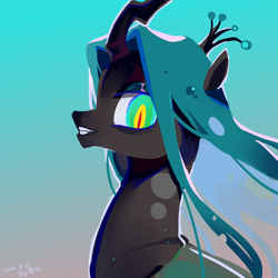 Size: 2480x2480 | Tagged: safe, artist:shiqiuzhu, queen chrysalis, changedling, changeling, g4, aside glance, bust, female, gradient background, grin, high res, looking at you, mare, portrait, smiling, solo