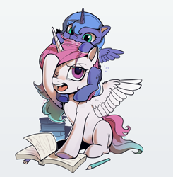 Size: 2320x2368 | Tagged: safe, artist:shiqiuzhu, princess celestia, princess luna, alicorn, pony, g4, annoyed, baby, baby pony, biting, blank flank, book, celestia is not amused, cewestia, coat markings, cute, drool, duo, female, filly, foal, gradient mane, gradient tail, head bite, high res, nom, one eye closed, open mouth, pencil, royal sisters, siblings, simple background, sisters, sitting on person, sitting on pony, spread wings, tail, unamused, weapons-grade cute, white background, wings, woona, younger