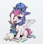 Size: 2320x2368 | Tagged: safe, artist:湮浊湮于浊, princess celestia, princess luna, alicorn, pony, baby, baby pony, book, cewestia, cute, drool, duo, female, filly, foal, nom, pencil, simple background, weapons-grade cute, white background, woona, younger