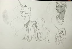 Size: 4252x2897 | Tagged: safe, artist:shiqiuzhu, nightmare moon, princess luna, alicorn, pony, g4, fangs, female, folded wings, frown, high res, looking at you, mare, monochrome, one eye closed, open mouth, signature, sketch, smiling, smiling at you, traditional art, wings, wink, winking at you