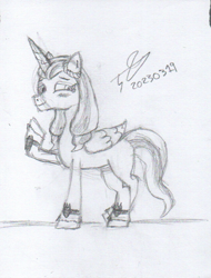 Size: 620x815 | Tagged: safe, artist:alejandrogmj, opaline arcana, alicorn, pony, g5, spoiler:g5, blushing, crossed legs, female, folded wings, grayscale, looking away, looking sideways, mare, monochrome, raised hoof, sketch, smiling, solo, standing, traditional art, wings