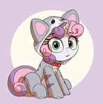 Size: 2132x2166 | Tagged: safe, artist:pabbley, sweetie belle, pony, unicorn, animal costume, cat costume, clothes, collar, costume, cute, cute little fangs, daaaaaaaaaaaw, diasweetes, eye clipping through hair, fangs, female, filly, foal, kigurumi, kitty belle, looking at you, sitting, solo