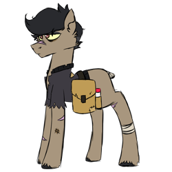 Size: 900x900 | Tagged: safe, artist:fuckomcfuck, oc, oc only, oc:pog champ, earth pony, pony, alternate universe, bag, bags under eyes, bandage, bruised, clothes, no tail, scar, simple background, solo, the trotting dead, torn clothes, transparent background