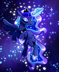 Size: 1672x2048 | Tagged: safe, artist:qwennondeathdie, princess luna, alicorn, pony, g4, eyes closed, female, glowing, glowing horn, horn, mare, solo