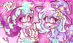 Size: 3036x1820 | Tagged: safe, artist:beebeeazzy, artist:beebeeazzysafe, starlight glimmer, trixie, pony, rabbit, unicorn, g4, animal, blushing, chest fluff, curved horn, duo, female, fluffy, glowing, glowing horn, grin, horn, smiling
