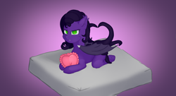 Size: 8100x4416 | Tagged: safe, alternate version, artist:supershadow_th, derpibooru exclusive, oc, oc only, oc:lazytentacle, bat pony, pony, gradient background, green eyes, heart, heart pillow, pillow, solo