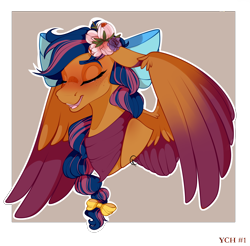 Size: 2016x1980 | Tagged: safe, artist:symphstudio, oc, oc only, oc:solar comet, pegasus, pony, bow, braid, bust, colored wings, flower, flower in hair, freckles, gradient wings, hair bow, portrait, solo, two toned wings, wings