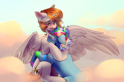 Size: 3096x2056 | Tagged: safe, artist:kiskka, oc, oc only, oc:azure star (fauli1221), oc:funny jo, alicorn, pony, unicorn, alicorn oc, closed mouth, cloud, commission, duo, eyes closed, eyes open, female oc, heterochromia, high res, horn, hug, male oc, multicolored mane, sitting, spread wings, stripes, unicorn oc, wings, your character here